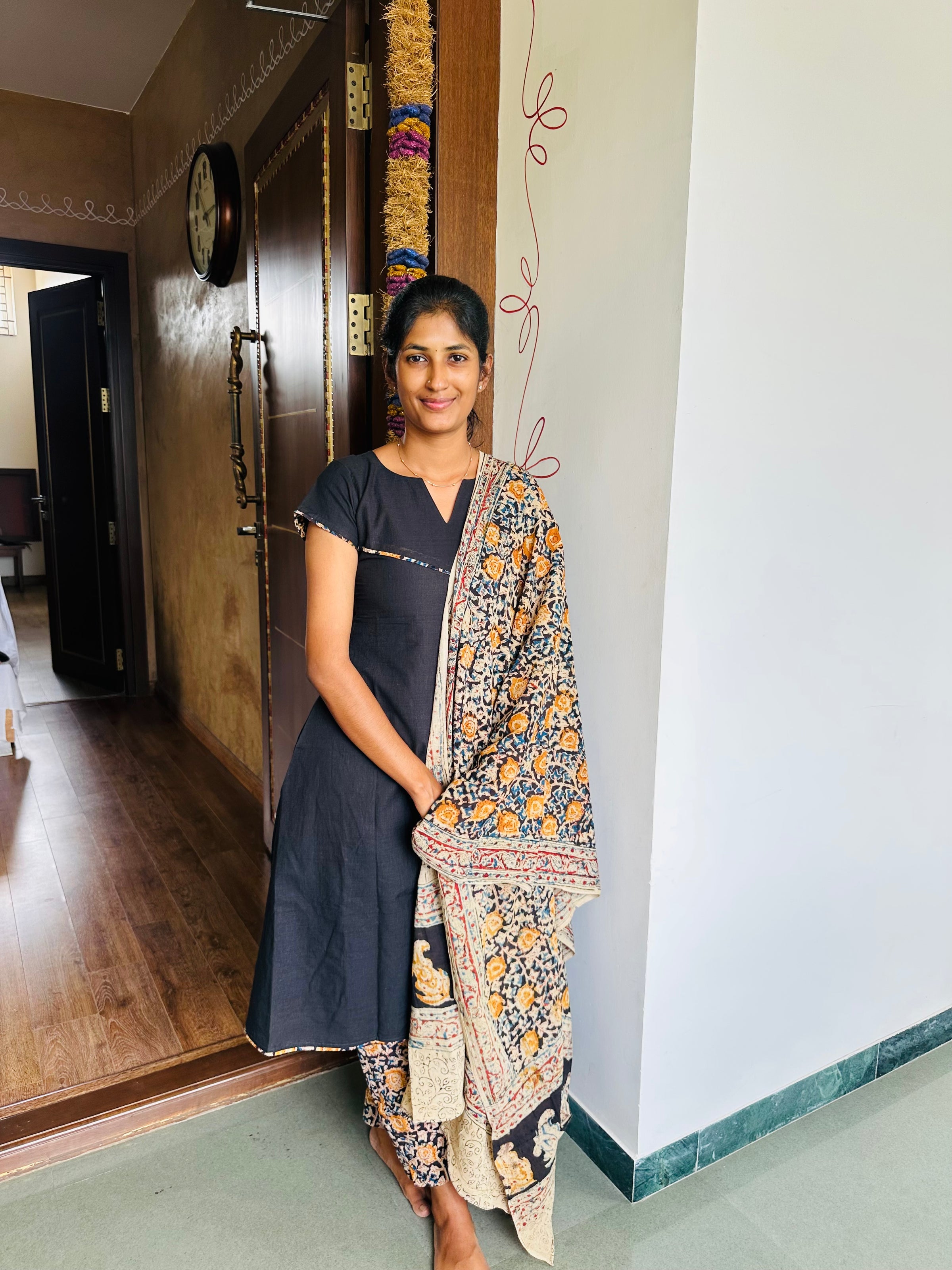 Cotton black A line with Kalamkari Set