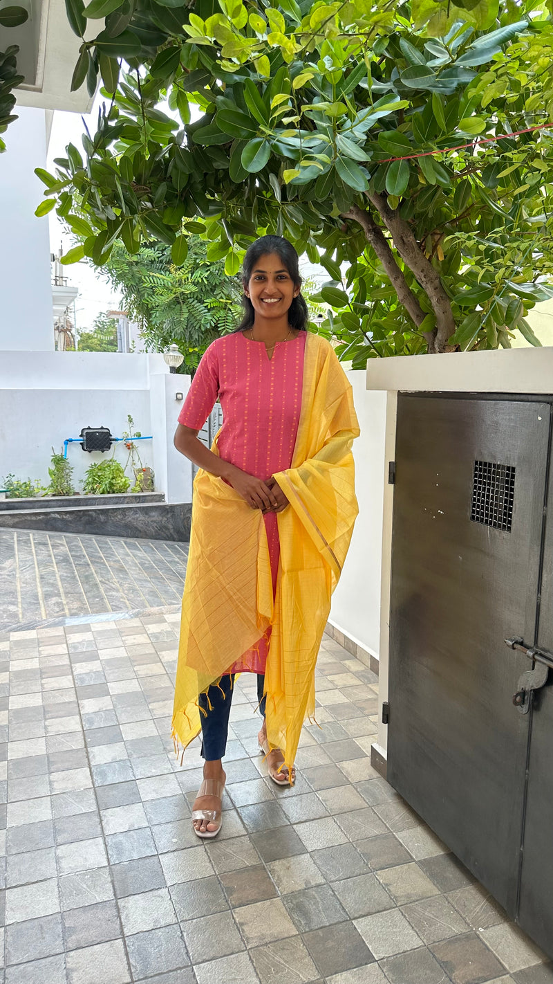 Pink and yellow kurti set