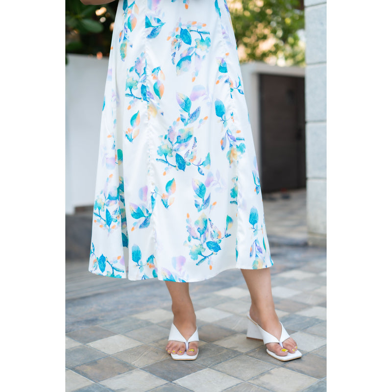 Watercolor Bloom Satin Maxi Dress