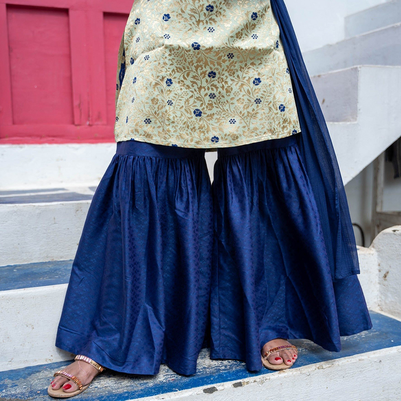 Elegance in Blue: The Golden Motif Sharara Set 3 pcs