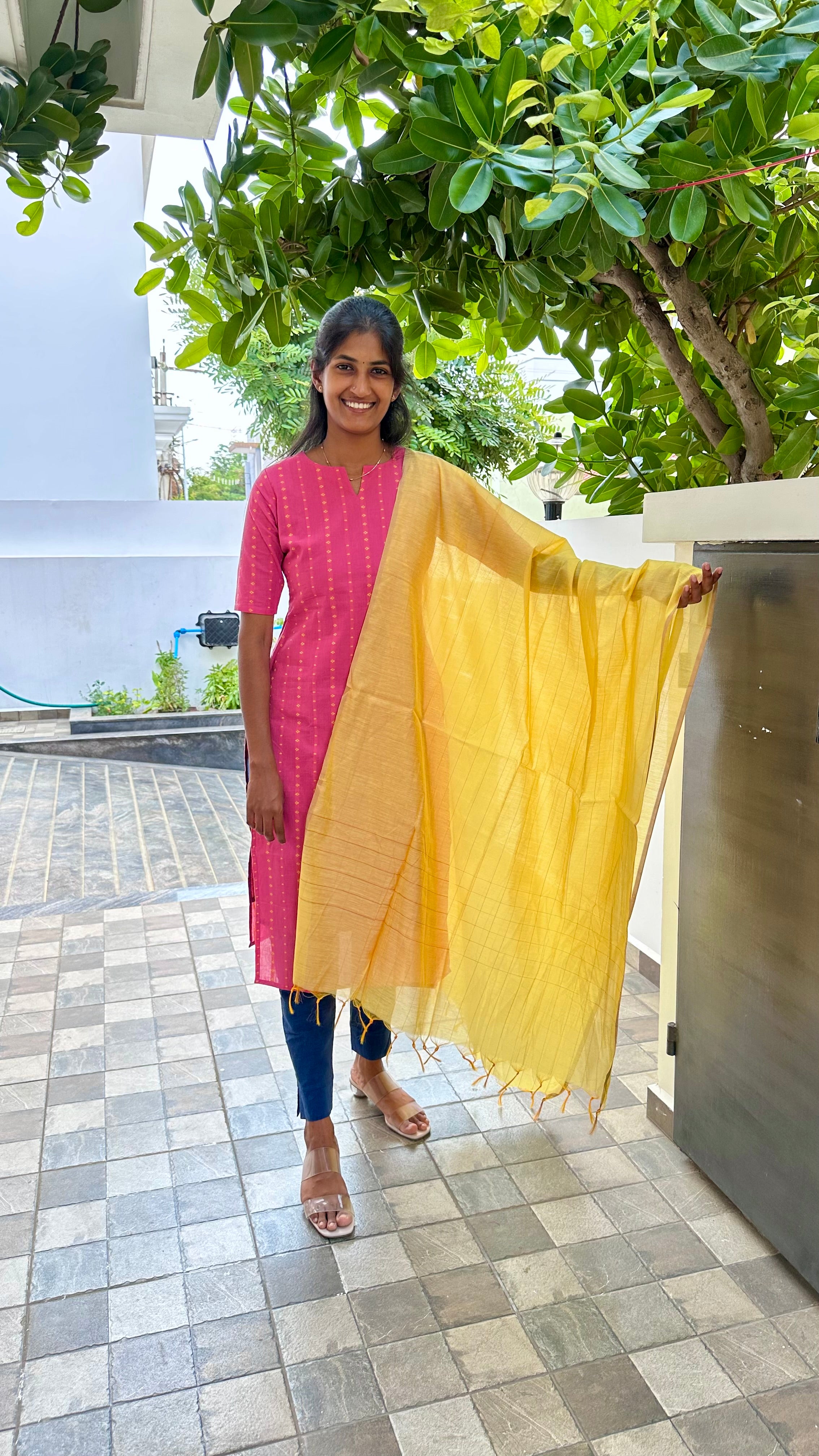 Pink and yellow kurti set
