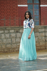 Floral Popcorn Shirt and Sky Blue Organza Skirt Set