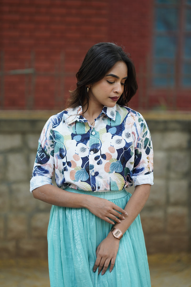 Floral Popcorn Shirt and Sky Blue Organza Skirt Set