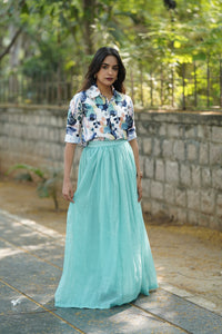 Floral Popcorn Shirt and Sky Blue Organza Skirt Set