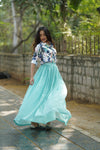 Floral Popcorn Shirt and Sky Blue Organza Skirt Set