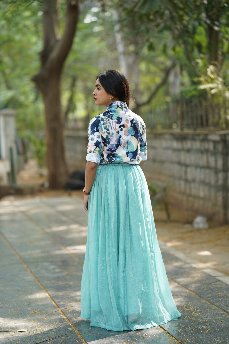 Floral Popcorn Shirt and Sky Blue Organza Skirt Set