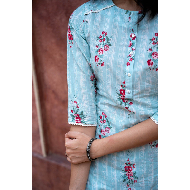 Floral Stripe Straight Kurti Set