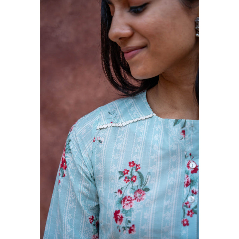 Floral Stripe Straight Kurti Set