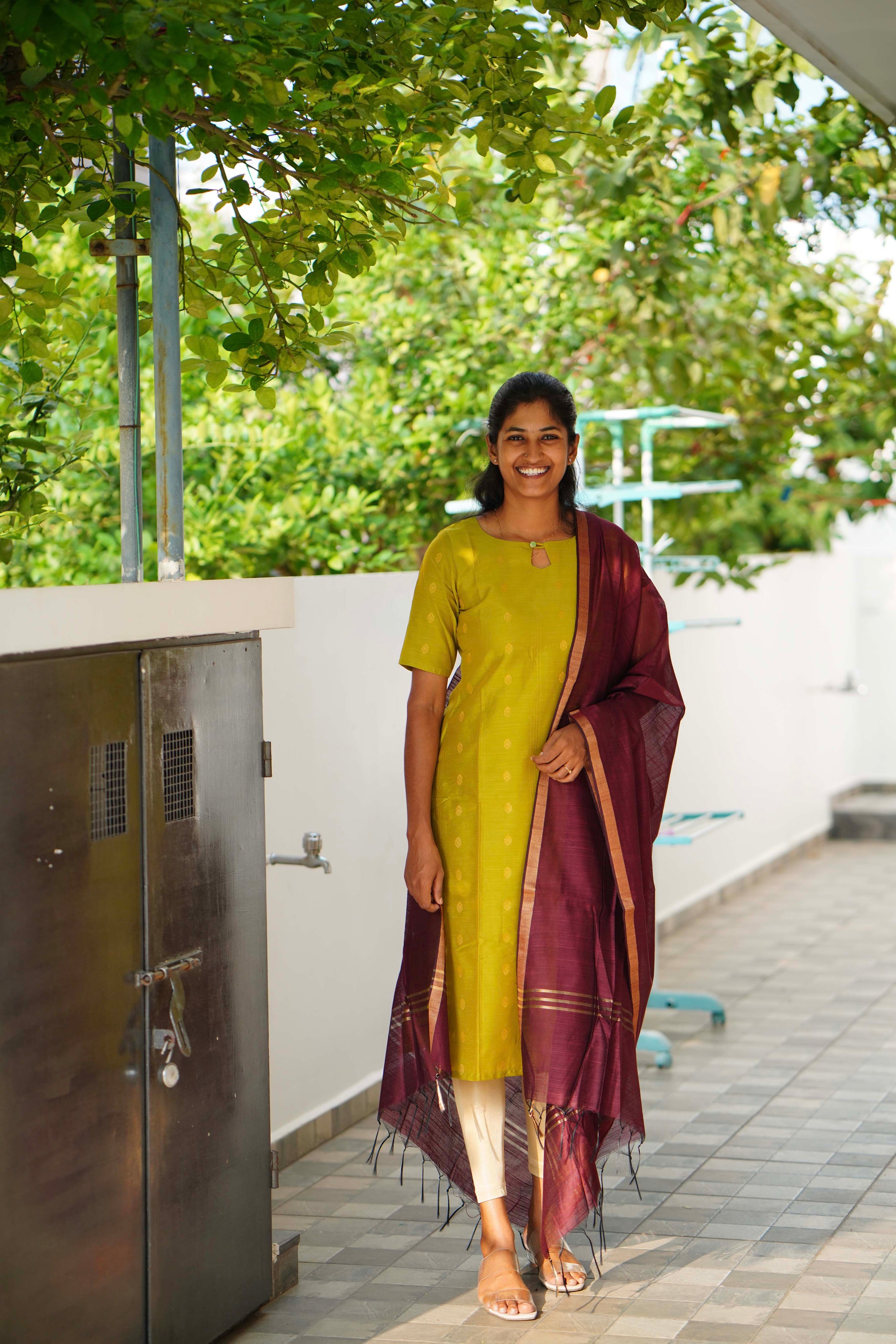 Green Raw silk Top and Dupatta