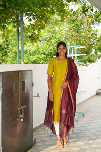 Green Raw silk Top and Dupatta